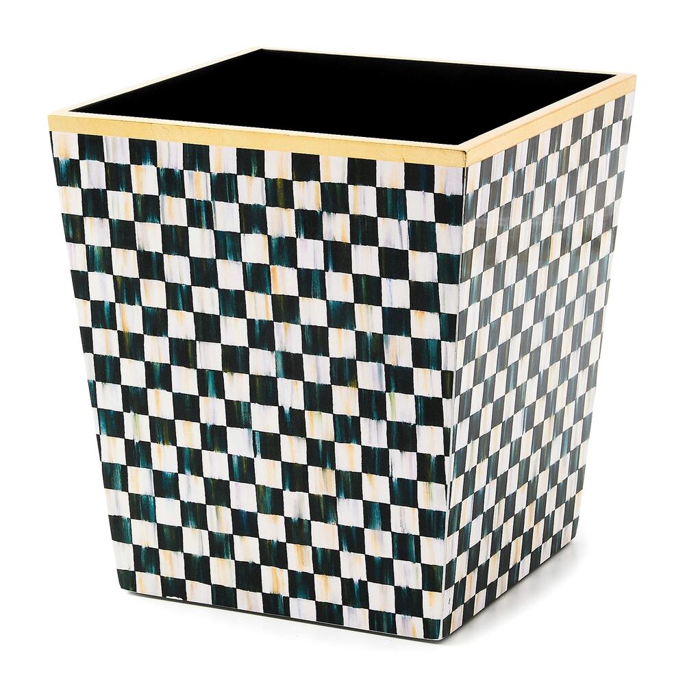 Brand New Mackenzie-Childs Courtly Check Lacquer Waste Bin Trashcan
